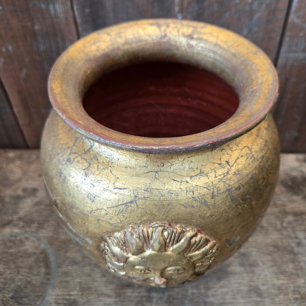 Vintage Florentine Sun Face Vase Handmade Terracotta Gold Finish Celestial - Picture 6 of 12
